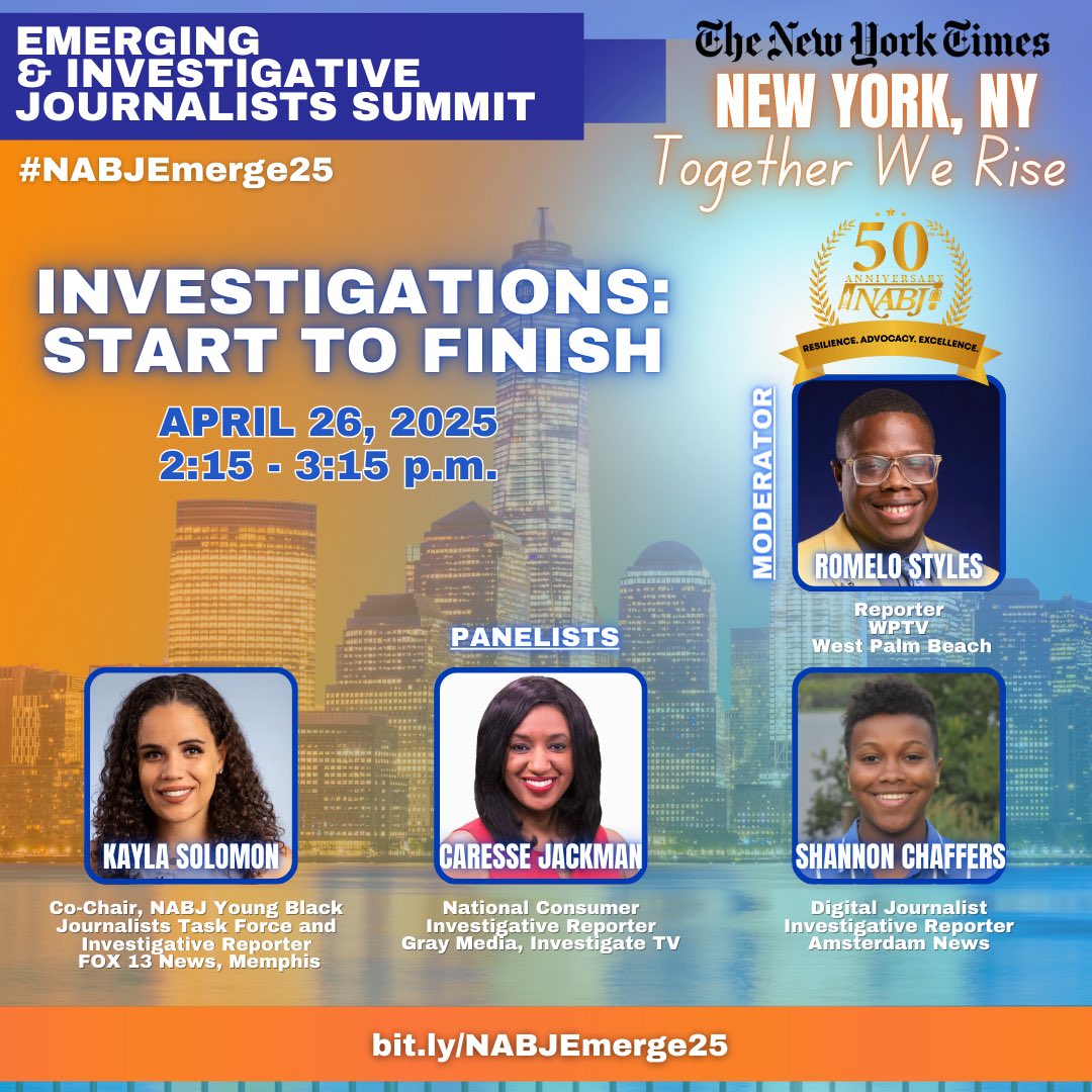 NABJYBJ's tweet image. Registration is still open for #NABJEmerge25!
Don’t miss your chance to network with NABJ members from the YBJ and Investigative Task Forces.
Join us April 26 at The New York Times!
Secure your spot today: nabjonline.org/event/2025emer