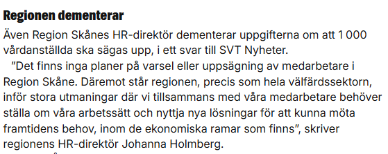 Region Skånes opolitiska tjänstemannaorganisation dementerar nu Magdalena Anderssons lögner. Herregud.