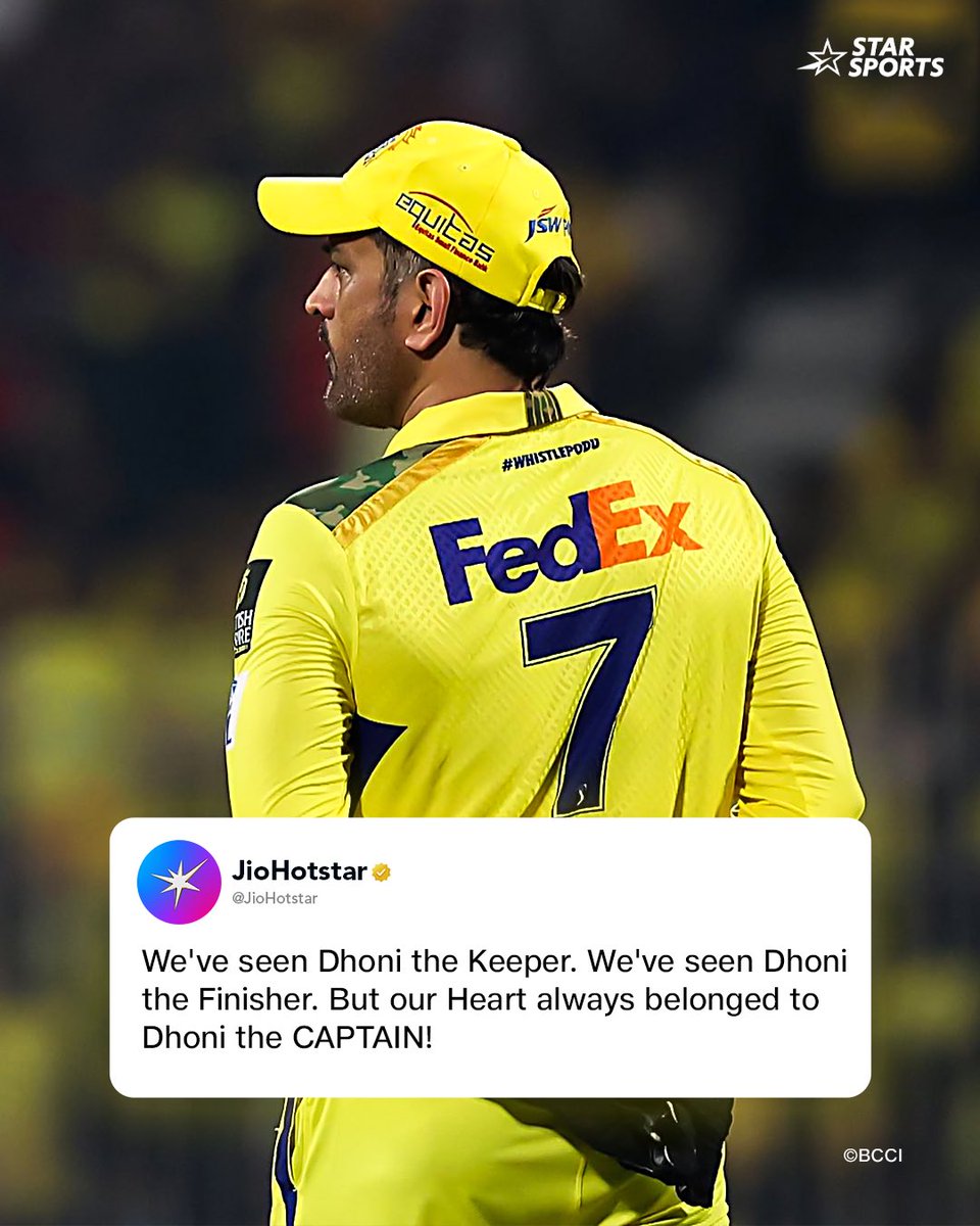 JioHotstar's tweet photo. C + A + P + T + A + I + N = 7 

Thala for a reason! 💛🫡

#CSKvKKR #IPLonJioHotstar #TATAIPL2025 #IPL18 #IPLSeason18 https://t.co/ggK54iffhL