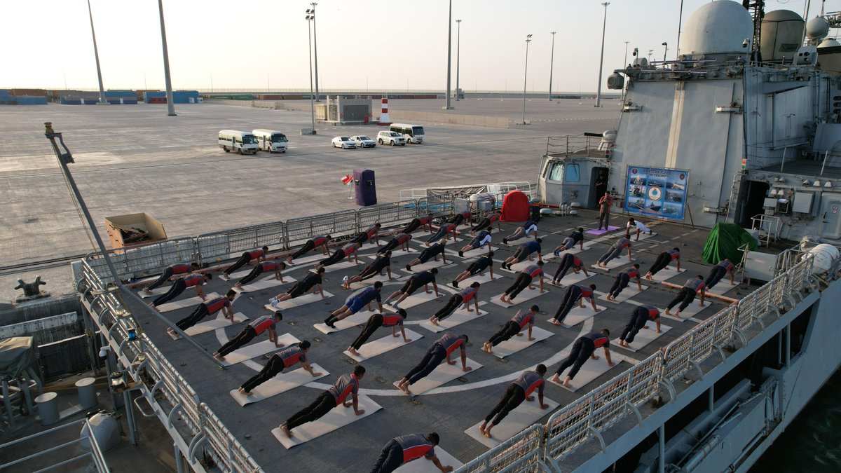 IN_WesternFleet's tweet photo. '100 days to 10th #IDY2025'

A rejuvenating #Yoga session conducted onboard #INSTrikand at #Duqm for the ship’s crew and personnel of the Royal Navy of Oman  building #BridgesOfFriendship #StrengtheningBonds
#IndiaOman friendship.

@indiannavy
@IN_WNC
@DefPROMumbai https://t.co/vU3SDvVMng