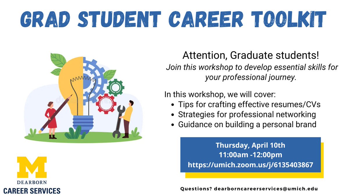 UMDearborn_CS's tweet photo. Attention Grad Students! Join us TODAY at 11am via Zoom! 

In this workshop, we will cover:
Tips for crafting effective resumes/CVs
Strategies for professional networking
Guidance on building a personal brand https://t.co/bKkKohH6lO