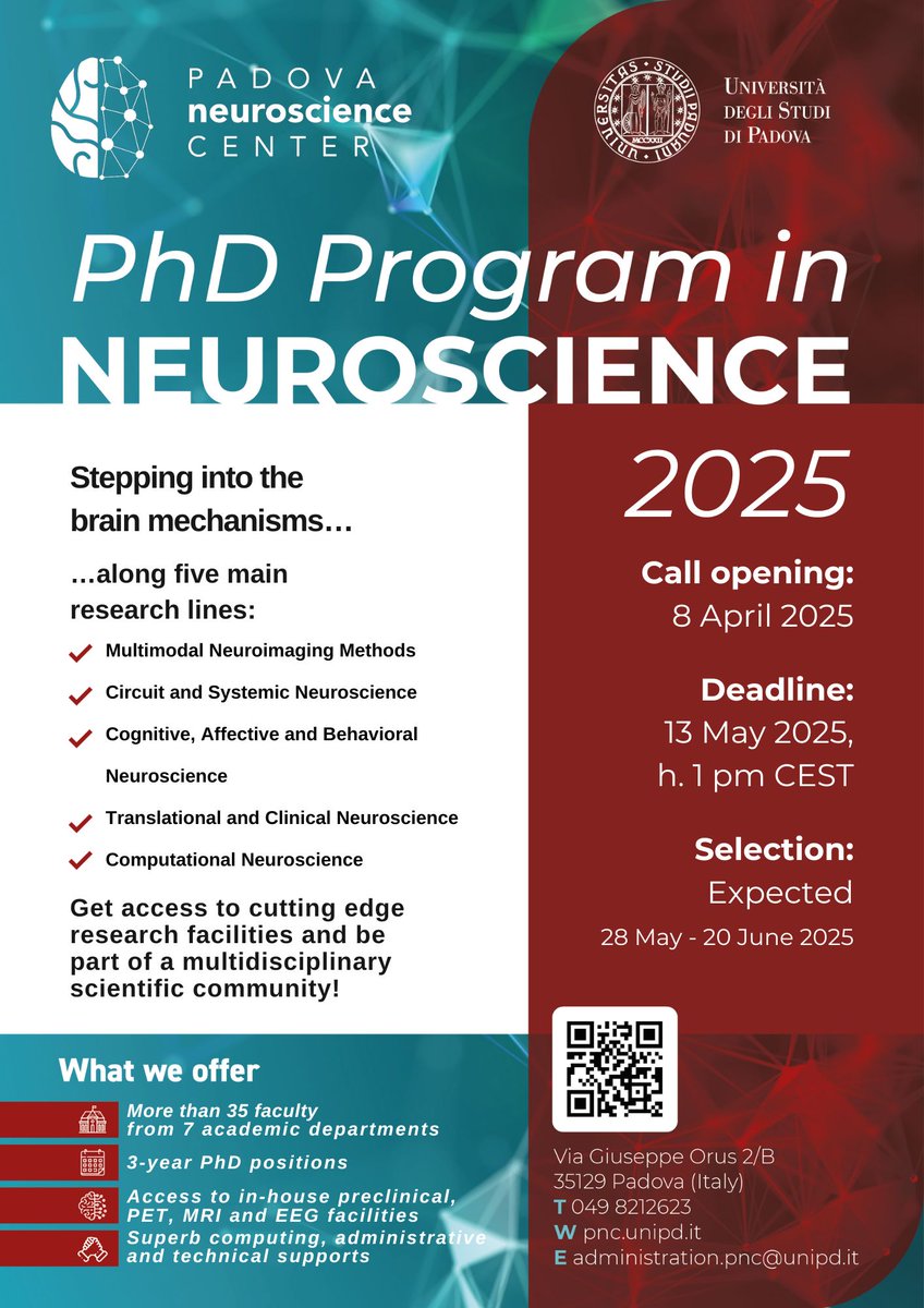 Padova Neuroscience Center (@pnc_unipd) on Twitter photo 📢We're hiring!📢
The new call for the #PhD program in #neuroscience
<a href="/PNC_UniPD/">Padova Neuroscience Center</a> is open!
Application deadline: 15 May 2025, 1:00 pm CEST
Don't miss this great opportunity to do cutting-edge #brain #research in our community! Join us!
Check details⬇️ 📢We're hiring!📢
The new call for the #PhD program in #neuroscience
<a href="/PNC_UniPD/">Padova Neuroscience Center</a> is open!
Application deadline: 15 May 2025, 1:00 pm CEST
Don't miss this great opportunity to do cutting-edge #brain #research in our community! Join us!
Check details⬇️