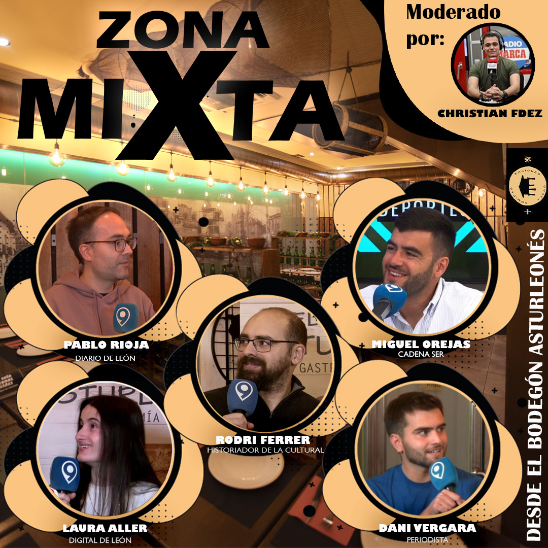 987tv_es's tweet photo. ¡Este jueves, cita con ZONA MIXTA en el @BAsturleones!

La mejor tertulia de la @CyDLeonesa, con:

⚽️ Rodrigo Ferrer, historiador
⚽️ @miguelorejas_, @leondeportivo
⚽️ @PabloRioja_7, @diariodeleon
⚽️ @Laura_Aller10, @Digitaldeleon
⚽️ @danielvl_14_, periodista https://t.co/d7uIkyCVUD