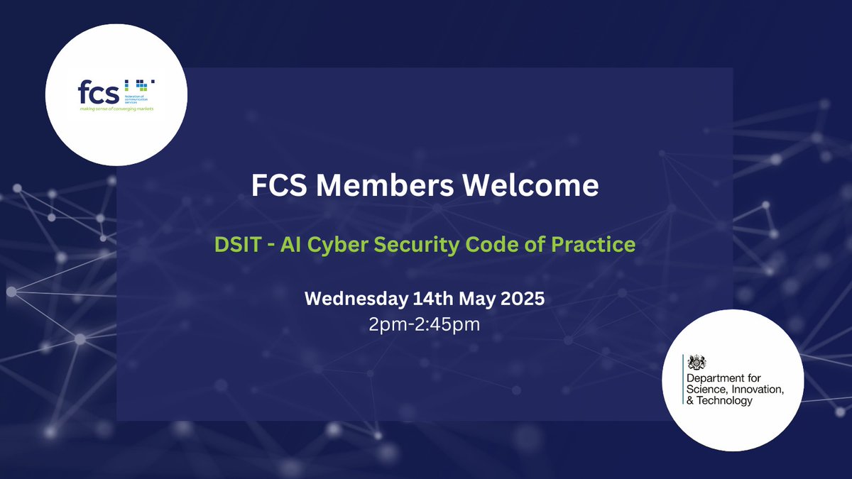 FCS (@fcs_uk) on Twitter photo The FCS Board recently met with <a href="/SciTechgovuk/">Department for Science, Innovation and Technology</a> to discuss the recently published AI Cyber Security Code of Practice and Implementation.
DSIT agreed to do a session on this topic, which will be a must attend for FCS members.
Please look out for the invite in your inbox ✉️ The FCS Board recently met with <a href="/SciTechgovuk/">Department for Science, Innovation and Technology</a> to discuss the recently published AI Cyber Security Code of Practice and Implementation.
DSIT agreed to do a session on this topic, which will be a must attend for FCS members.
Please look out for the invite in your inbox ✉️