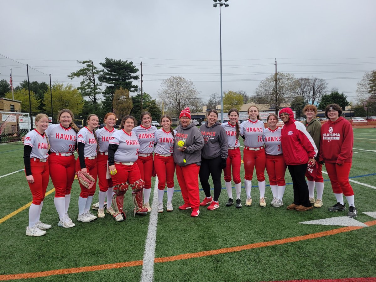 HTHawksSoftball's tweet photo. Coach Pam McCabe and team celebrated her 100th high school career win as a head coach against Haddon Heights on 4/7/2025! Congrats Coach !! https://t.co/KzzpA4SXv0