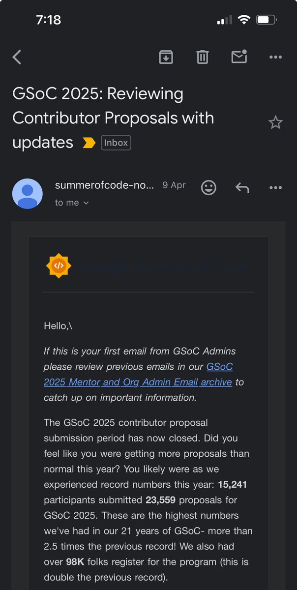 jddeep003's tweet photo. we received a staggering 178 proposals for GSoC this year at @aossie_org !

This is >2x the proposals we received last year. 
I’m sure the number of spam proposals have increased manifold thanks to chatgpt and claude.

will Google summer of code be the same? Idk :((
let’s see how many proposals i can review before getting my brain gets saturated :3