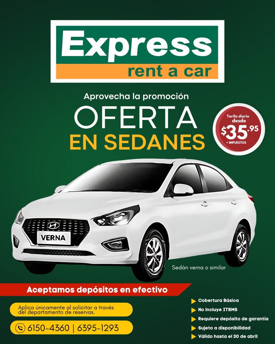 Expressrentpma's tweet photo. Aprovecha con Express Rent a Car:
Hyundai Grand i10, Verna, o Kia Soluto. Desde $35.95 + ITBMS por día
Alquila 2 días o más y recibe 4 horas de cortesía
Reservas 6395-1293 | 6150-4360
⚠️Hasta el 30 de abril 2025 por  disponibilidad
#ExpressRentACar #AlquilerDeAutos #Panamá https://t.co/gLvf2hWULs
