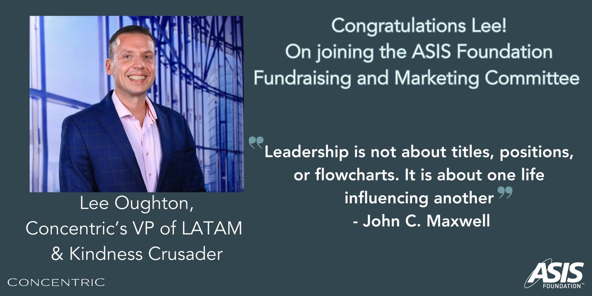 ConcentricSF's tweet photo. Concentric is proud to celebrate our VP of LATAM, Lee Oughton, on his appointment to the ASIS FOUNDATION Fundraising and Marketing Committee.

Congratulations, Lee, a well-earned recognition for your dedication to giving back and driving the industry forward. https://t.co/W4S5itg6ZM