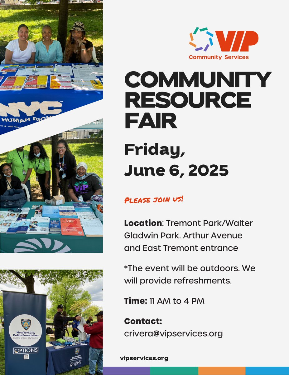VIP Community Services (@vipcservices) on Twitter photo Join us for our Community Resource Fair on Fri, June 6 from 11AM–4PM at Tremont Park (Arthur Ave & E. Tremont entrance)!
☀️ Outdoor event
🥤 Refreshments provided
📧 Info: crivera@vipservices.org
#Bronx #CommunityResources #VIPCommunity Join us for our Community Resource Fair on Fri, June 6 from 11AM–4PM at Tremont Park (Arthur Ave & E. Tremont entrance)!
☀️ Outdoor event
🥤 Refreshments provided
📧 Info: crivera@vipservices.org
#Bronx #CommunityResources #VIPCommunity