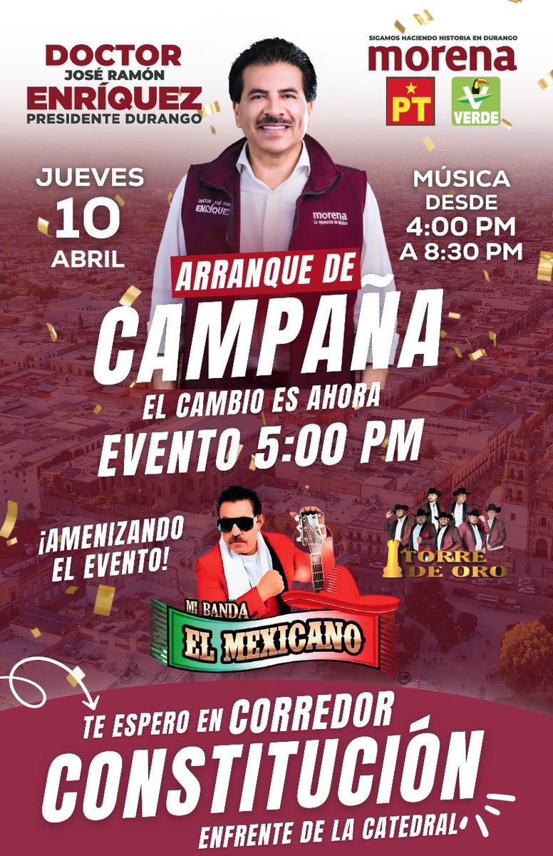 #Durango se llena de energía guinda.
Acompañemos el dia de hoy al <a href="/DrRamonEnriquez/">José Ramón Enríquez</a> en su arranque de campaña rumbo a la presidencia municipal.
Nos vemos a las 5 PM en Corredor Constitución. 
Vamos con todo, con el chaleco guinda bien puesto.
#SomosMillones
