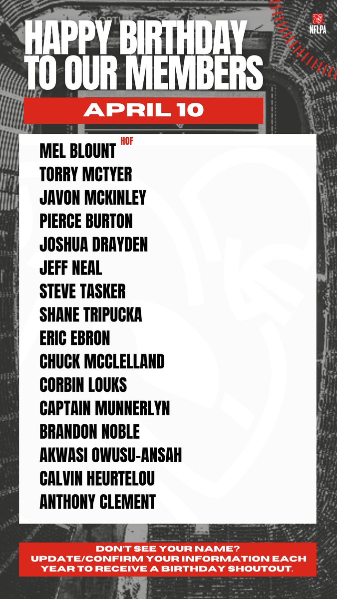 NFLPA Former Players (@nflpafmrplayers) on Twitter photo Happy birthday to our members @theetorrymctyer <a href="/mcjavon/">Ja(von) McKinley</a> <a href="/pierce_burton/">Pierce Burton</a> <a href="/CoachDrayden/">Joshua Drayden</a> <a href="/thejeffneal/">Jeff Neal</a> <a href="/SteveTasker89/">Steve Tasker</a> @shanetrip17 <a href="/Ebron85/">Ebron85</a> @Dupontqc3 @corbinlouks <a href="/captain_41/">Captain Munnerlyn</a> <a href="/BNoble75/">Brandon Noble</a> <a href="/AkwasiTheAnsah/">Akwasi Owusu-Ansah</a> @_40cal_ - We hope you have a great day and an even better year to come! Happy birthday to our members @theetorrymctyer <a href="/mcjavon/">Ja(von) McKinley</a> <a href="/pierce_burton/">Pierce Burton</a> <a href="/CoachDrayden/">Joshua Drayden</a> <a href="/thejeffneal/">Jeff Neal</a> <a href="/SteveTasker89/">Steve Tasker</a> @shanetrip17 <a href="/Ebron85/">Ebron85</a> @Dupontqc3 @corbinlouks <a href="/captain_41/">Captain Munnerlyn</a> <a href="/BNoble75/">Brandon Noble</a> <a href="/AkwasiTheAnsah/">Akwasi Owusu-Ansah</a> @_40cal_ - We hope you have a great day and an even better year to come!