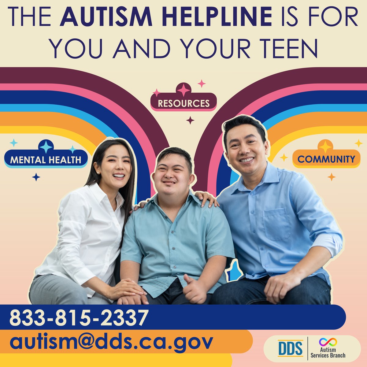 California DDS (@californiadds) on Twitter photo Sometimes a little help goes a long way. ✨ The Autism Helpline can support you and your teen, connecting you with services that can make a big difference!
Call 833-815-2337 or email autism@dds.ca.gov today!
For more info, visit: dds.ca.gov/initiatives/au… Sometimes a little help goes a long way. ✨ The Autism Helpline can support you and your teen, connecting you with services that can make a big difference!
Call 833-815-2337 or email autism@dds.ca.gov today!
For more info, visit: dds.ca.gov/initiatives/au…