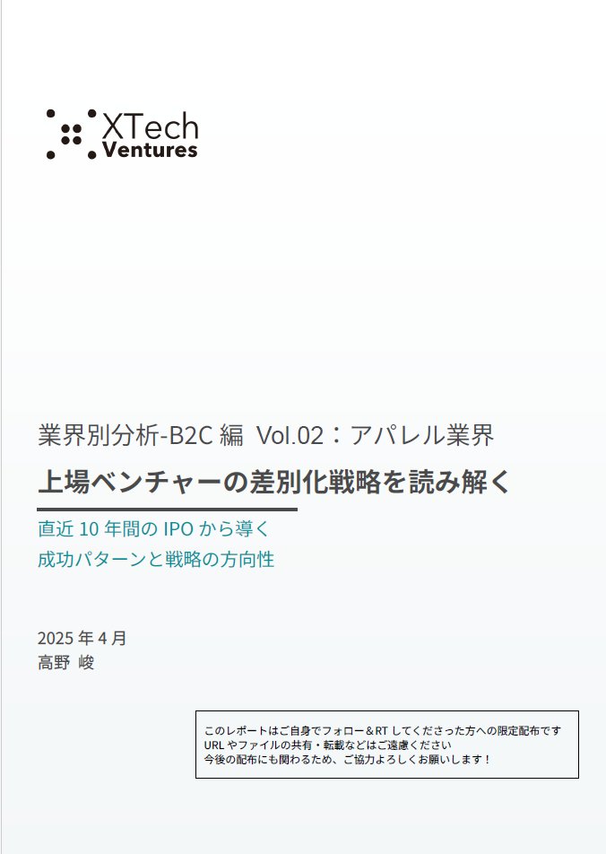 vc_shuntaka's tweet photo. 【#ベンチャー業界レポート Vol.02｜アパレル業界】
直近10年のIPOから、以下の情報を整理しました！

・差別化戦略の類型化
・各社の具体的な戦略の方向性
・上場時点と今時点の時価総額や財務指標 https://t.co/Y8AcnrstyN