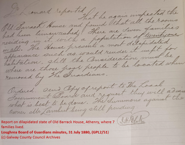 From the #Archives:#Athenry Dispensary Doc advised the #Loughrea PLU Guardians that 21 people live in the dilapidated <a href="/oldbarracks/">The Old Barracks </a> which is ‘unfit for habitation’, Jul 1880. For more on our collections visit galway.ie/archives <a href="/ARAIreland/">ARA Ireland</a> <a href="/explorearchives/">Explore Your Archive</a> #lovelocalarchives
