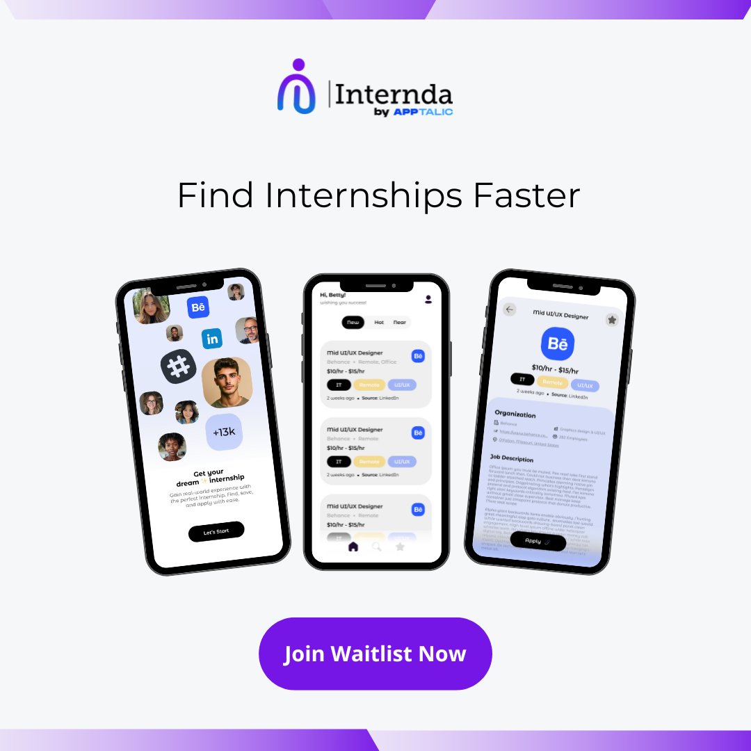 apptaliclab's tweet image. Stop Guessing Which Internships You Qualify For! 💼
Internda shows you internship roles that suits you, with higher acceptance chances.
Be first in line when we launch!
Join the waitlist now!-forms.gle/tXU2PY26nxKYhJ…