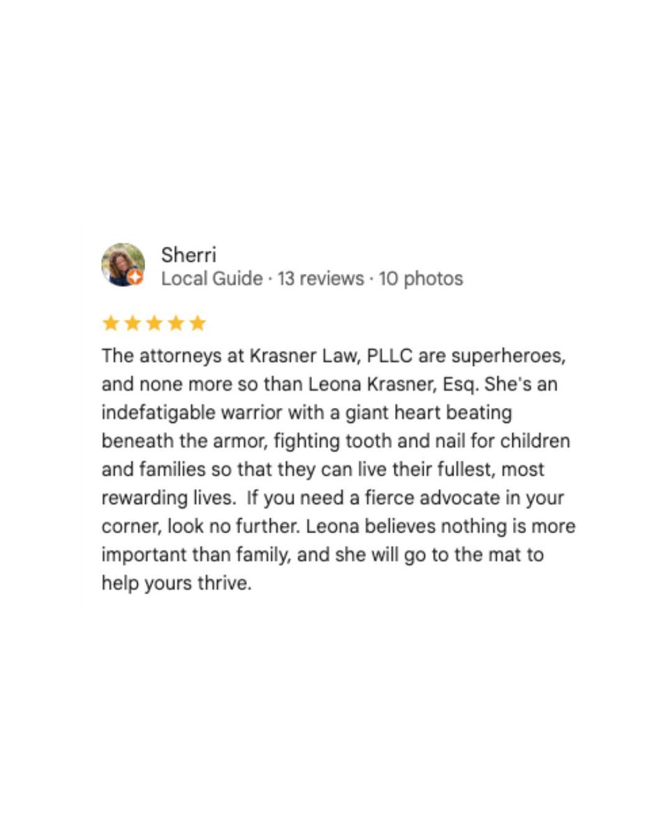 KrasnerLaw's tweet photo. In Our Client’s Words:
“The attorneys at Krasner Law, PLLC are superheroes, and none more so than Leona Krasner, Esq.”

Attorney Advertising – Prior results do not guarantee future outcomes

#KrasnerLaw #FamilyLaw #FamilyAttorney #FamilyLawyer #Divorce #Custody #ClientReview https://t.co/PimfN1vXEd