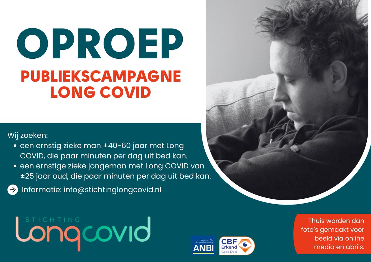 StLongCOVID's tweet image. 📣 𝐆𝐄𝐙𝐎𝐂𝐇𝐓: (𝐣𝐨𝐧𝐠𝐞)𝐦𝐚𝐧 𝐦𝐞𝐭 𝐞𝐫𝐧𝐬𝐭𝐢𝐠𝐞 𝐋𝐨𝐧𝐠 𝐂𝐎𝐕𝐈𝐃

Wil jij meewerken, wil je meer informatie of heb je vragen? Mail dan naar info@stichtinglongcovid.nl.