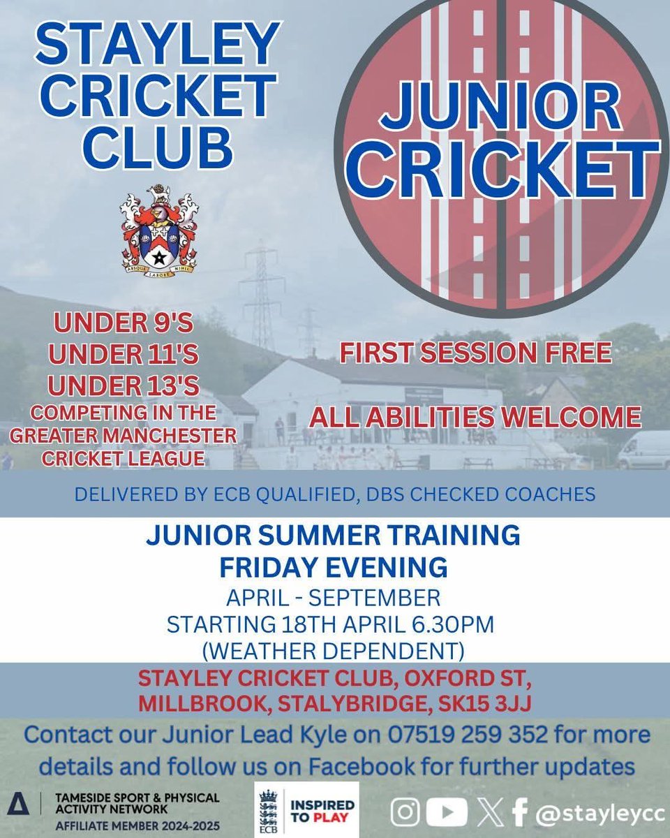 Inspire PE (@inspire_pe) on Twitter photo Stayley Cricket Club are looking for new players for their junior teams. All abilities are welcome to try out and the first session is completely free!
<a href="/StayleyCC/">Stayley Cricket Club</a> <a href="/tamesidessp/">Tameside SSP</a> <a href="/TamesideSN/">Active Tameside Sport & Physical Activity Network</a> Stayley Cricket Club are looking for new players for their junior teams. All abilities are welcome to try out and the first session is completely free!
<a href="/StayleyCC/">Stayley Cricket Club</a> <a href="/tamesidessp/">Tameside SSP</a> <a href="/TamesideSN/">Active Tameside Sport & Physical Activity Network</a>