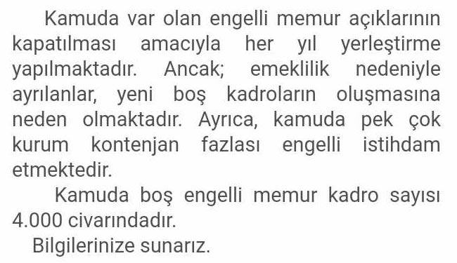 #AtamaBekleyenEngelliler olarak Ağustos'ta 2025/2 EKPSS atamasının yüksek bir sayıda yapılmasını ve kamuda boş olan 4000 engelli memur açığının kapatılmasını istiyoruz.
<a href="/RTErdogan/">Recep Tayyip Erdoğan</a> <a href="/MahinurOzdemir/">Mahinur Özdemir Göktaş</a> <a href="/memetsimsek/">Mehmet Simsek</a> <a href="/isikhanvedat/">Prof. Dr. Vedat Işıkhan</a> <a href="/mfatihkacir/">Mehmet Fatih KACIR</a> <a href="/MehmetNuriErsoy/">Mehmet Nuri Ersoy</a> <a href="/murat_kurum/">Murat KURUM</a> <a href="/tcbestepe/">T.C. Cumhurbaşkanlığı</a>