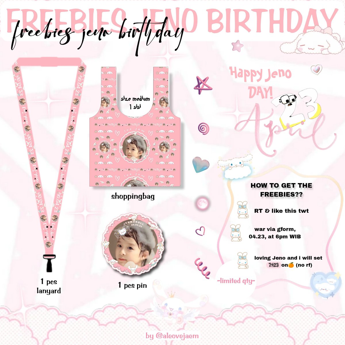 aleovejaem's tweet photo. 🐾 Freebies #JENO BIRTHDAY 🐾

── by @aleovejaem

🍥 rt &amp; like this tweet
🍥 Loving Jeno ✨
🍥 War via gform 04.23, at 6pm
🍥 1pcs lanyard, shoppingbag, 1pcs pin🪂
🍥 don't sell it

limited qty🤏🏻
g00ood luck! .☘︎ ݁ https://t.co/nQ4Q7LaXTD