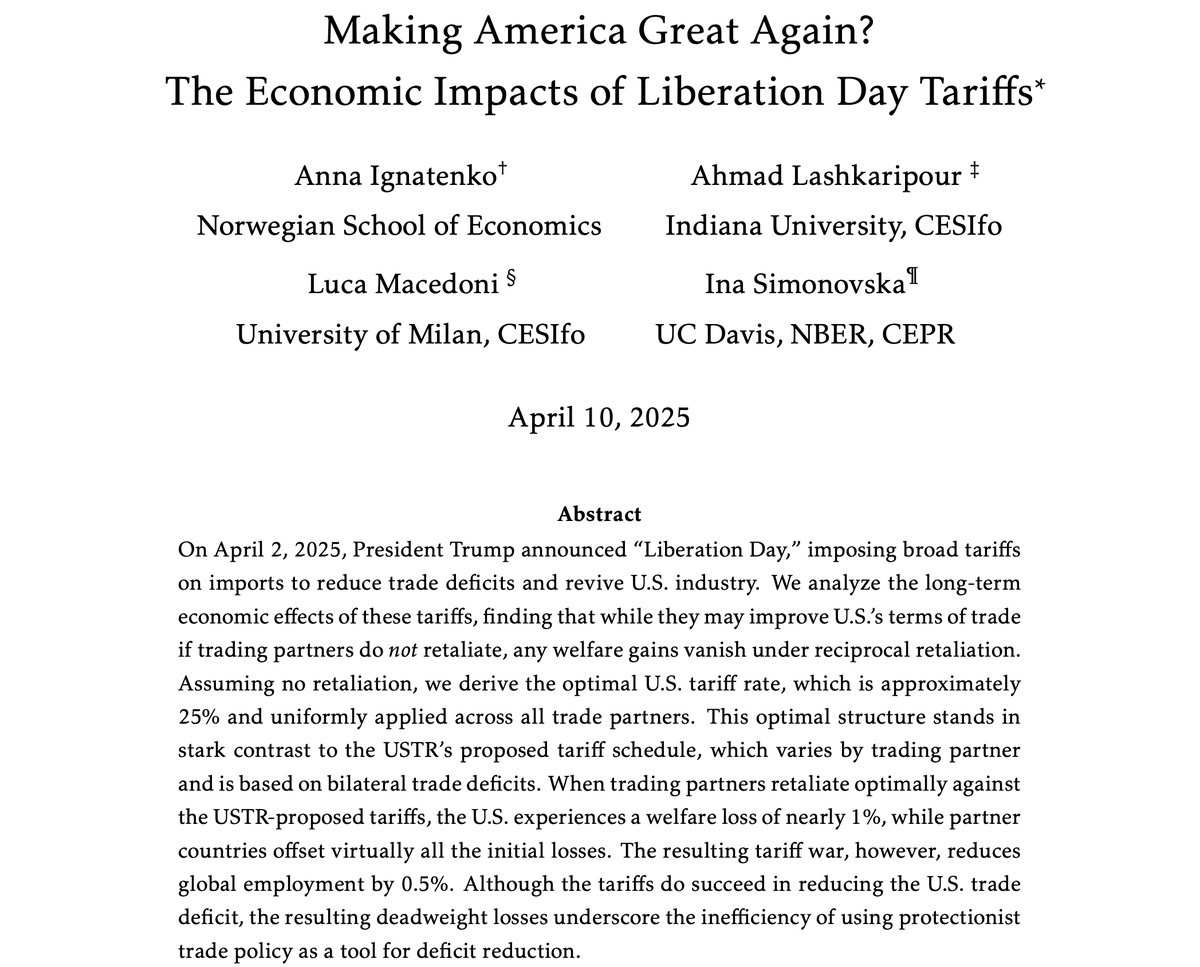 🚨We just released a paper examining the long-terms economic impacts of  "Liberation Day" tariffs. 

In summary: while these tariffs may help reduce the trade deficit, they will impose significant costs on the U.S. economy after retaliation by trade partners.