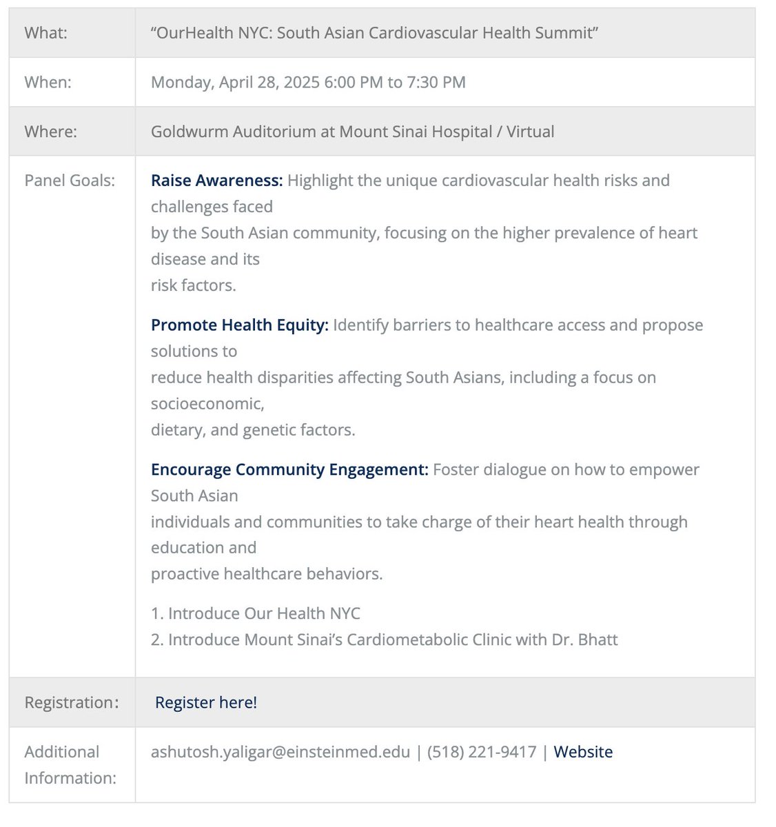 OurHealth (@ourhealthstudy) on Twitter photo Excited for the OurHealth NYC event hosted by <a href="/NYSCACC/">New York Chapter, ACC</a> <a href="/ACCinTouch/">American College of Cardiology</a>! <a href="/anaghabkumar/">Anagha Kumar</a>
💜 Register: tinyurl.com/ourhealthnyc 💜
ourhealthstudy.org
Keynote: <a href="/DLBHATTMD/">Dr. Deepak L. Bhatt</a> <a href="/MountSinaiHeart/">Mount Sinai Fuster Heart Hospital</a>
Panelists: <a href="/neelchokshi/">Neel Chokshi, MD MBA</a> <a href="/SrihariNaiduMD/">Srihari S. Naidu, MD</a> <a href="/AniruddhPatelMD/">Aniruddh Patel</a> <a href="/iheartgagan/">GAGAN SAHNI</a> <a href="/NilayShahMDMPH/">Nilay Shah</a> Excited for the OurHealth NYC event hosted by <a href="/NYSCACC/">New York Chapter, ACC</a> <a href="/ACCinTouch/">American College of Cardiology</a>! <a href="/anaghabkumar/">Anagha Kumar</a>
💜 Register: tinyurl.com/ourhealthnyc 💜
ourhealthstudy.org
Keynote: <a href="/DLBHATTMD/">Dr. Deepak L. Bhatt</a> <a href="/MountSinaiHeart/">Mount Sinai Fuster Heart Hospital</a>
Panelists: <a href="/neelchokshi/">Neel Chokshi, MD MBA</a> <a href="/SrihariNaiduMD/">Srihari S. Naidu, MD</a> <a href="/AniruddhPatelMD/">Aniruddh Patel</a> <a href="/iheartgagan/">GAGAN SAHNI</a> <a href="/NilayShahMDMPH/">Nilay Shah</a>