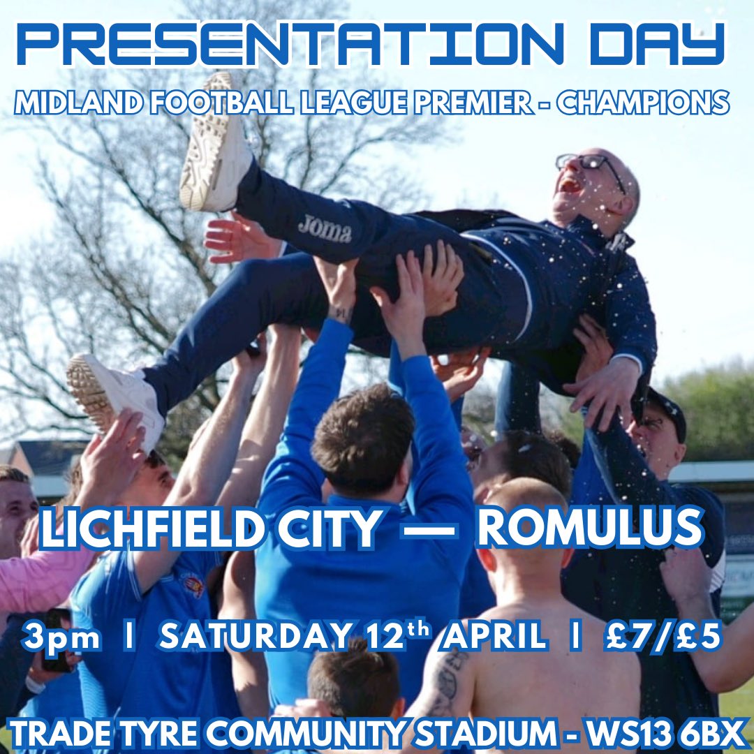 Is there a better place to be this Saturday…⚽️……🏆……💙…….. be with us to celebrate winning the league and promotion to Step 4.
Join the build up at our Trade Tyre Community Stadium from 1pm with Trophy Presentation after our 3pm game against Romulus ⚽️🏆💙