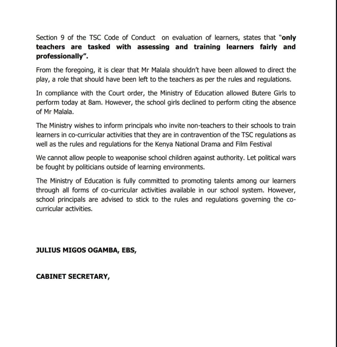 The Ministry of Education reminds school principals that involving individuals who are not registered teachers in training learners is a breach of TSC and Festival regulations.

It's unlawful &amp; in direct violation of established guidelines.

#StopPoliticsInSchools 
Siasa Darasani