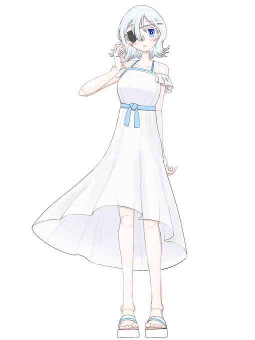 お題箱よりウルフボロス=サン!白いワンピース姿のニンジャ。蒼い宝石めいた左眼と眼帯に覆われた右眼。とある理由で四肢は高級医療用サイバネに置き換えられている。 #ニンジャスレイヤーTRPG 