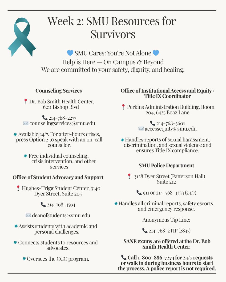 PoliceSMU's tweet photo. Whether you’re seeking support, information, or a safe space to talk — help is always available. 💙
Here are on-campus and national resources that are here for you or someone you care about.
Let’s continue to build a campus culture of support, safety, and survivor empowerment. 🕊️ https://t.co/aNnql0DWyp