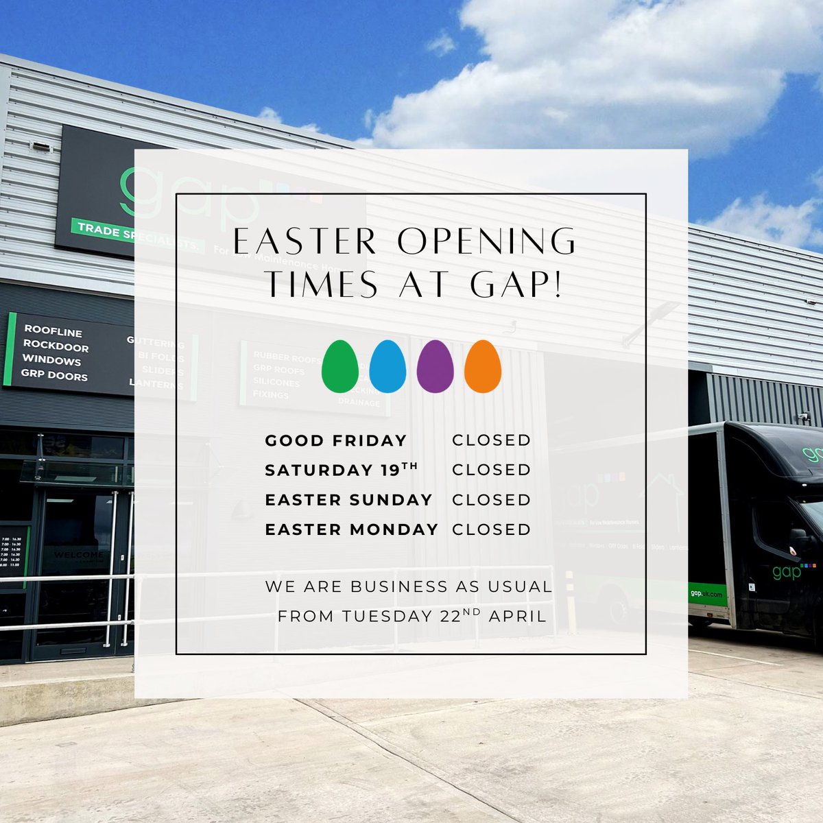 Easter is quickly approaching, so we’re taking the opportunity to share our Easter opening times!

We will be closed from Good Friday (18th) until Bank Holiday Monday (21st). We will be back open for business on Tuesday 22nd April. 

We hope you have a fantastic Easter break🐰 🐣