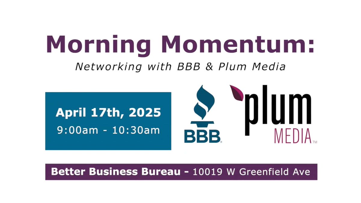 PlumMovingMedia's tweet photo. One Week From Today!
Join us for Morning Momentum on April 17th at the @wisconsinbbb office - 10019 W Greenfield Ave - for a casual networking event that will start your day off right!

Register now at https://t.co/6LWIrmkj8p https://t.co/fwzG5nO7Zp