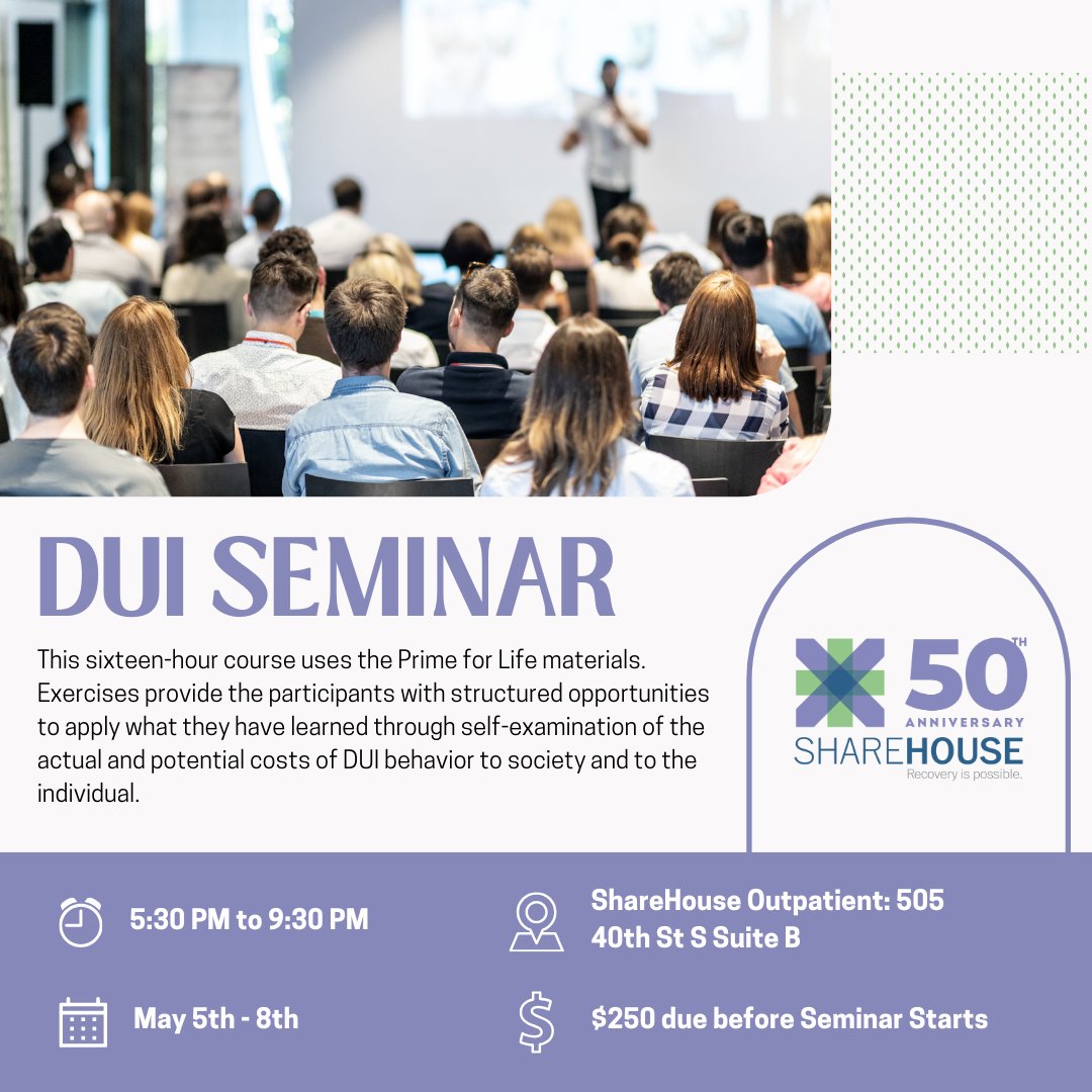 ShareHouseFargo's tweet photo. Knowledge is key to prevention. Join us on May 5th for our DUI seminar, where we’ll cover education, prevention, and support. Sign up today: https://t.co/GE4x1ZRunZ https://t.co/tUUNiMQtBF