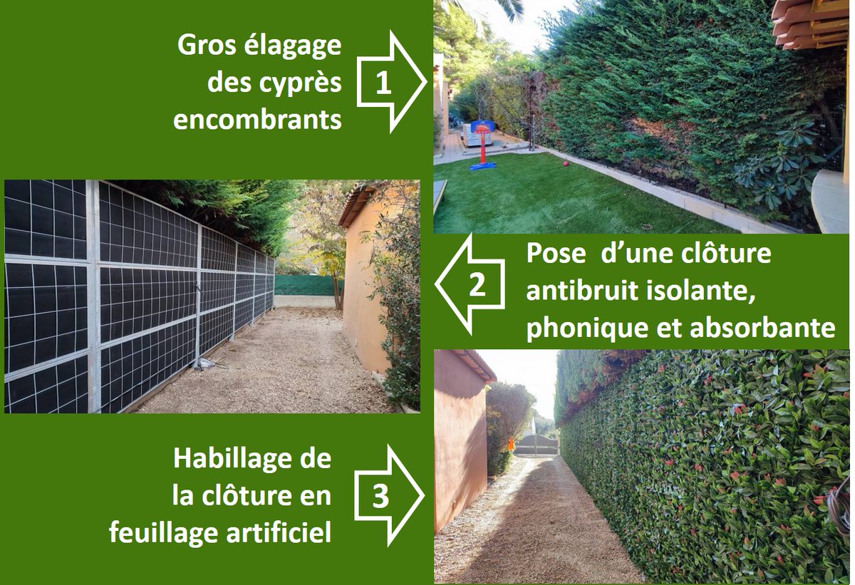 La pose d'un mur antibruit selon JADE Espaces Verts en 3 étapes : 
+ d'espace ...
- de nuisances sonores ...
+ d'esthétique ...
On en parle ? 04 69 00 20 42 !