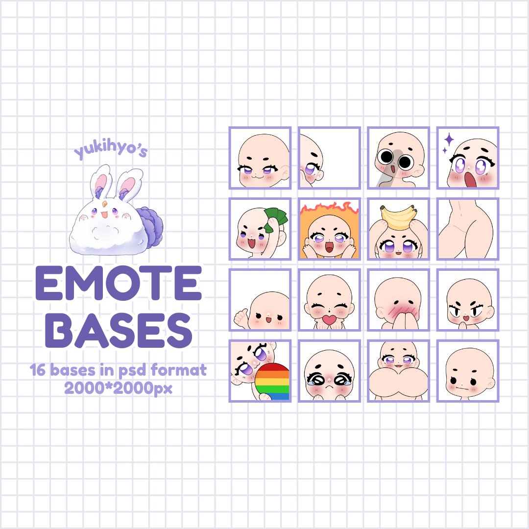 EMOTE BASE PACK (2€) 💜✨

Hi ^^ I made 16 emote bases for you to use for personal use or commissions!

SMALL GIVEAWAY! 
I'LL GIFT 3 OF THIS TO 3 PEOPLE!
- rt, like and follow 🌈

Or if u don't win u can get them on my Vgen shop! Link in the replies ^^

#VGenShop #Emote