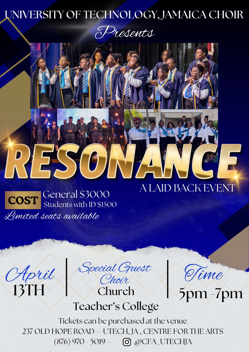 CFA_UTechJa's tweet photo. 3 days to go ‼️

Feel the RES⚡NANCE — an unforgettable evening of soul-stirring harmony!
April 13 | 5–7PM | UTech JA
Limited seats. Don’t miss it!
#UTECHChoir #Resonance2025 #LiveMusicVibes https://t.co/anc96dbkeW