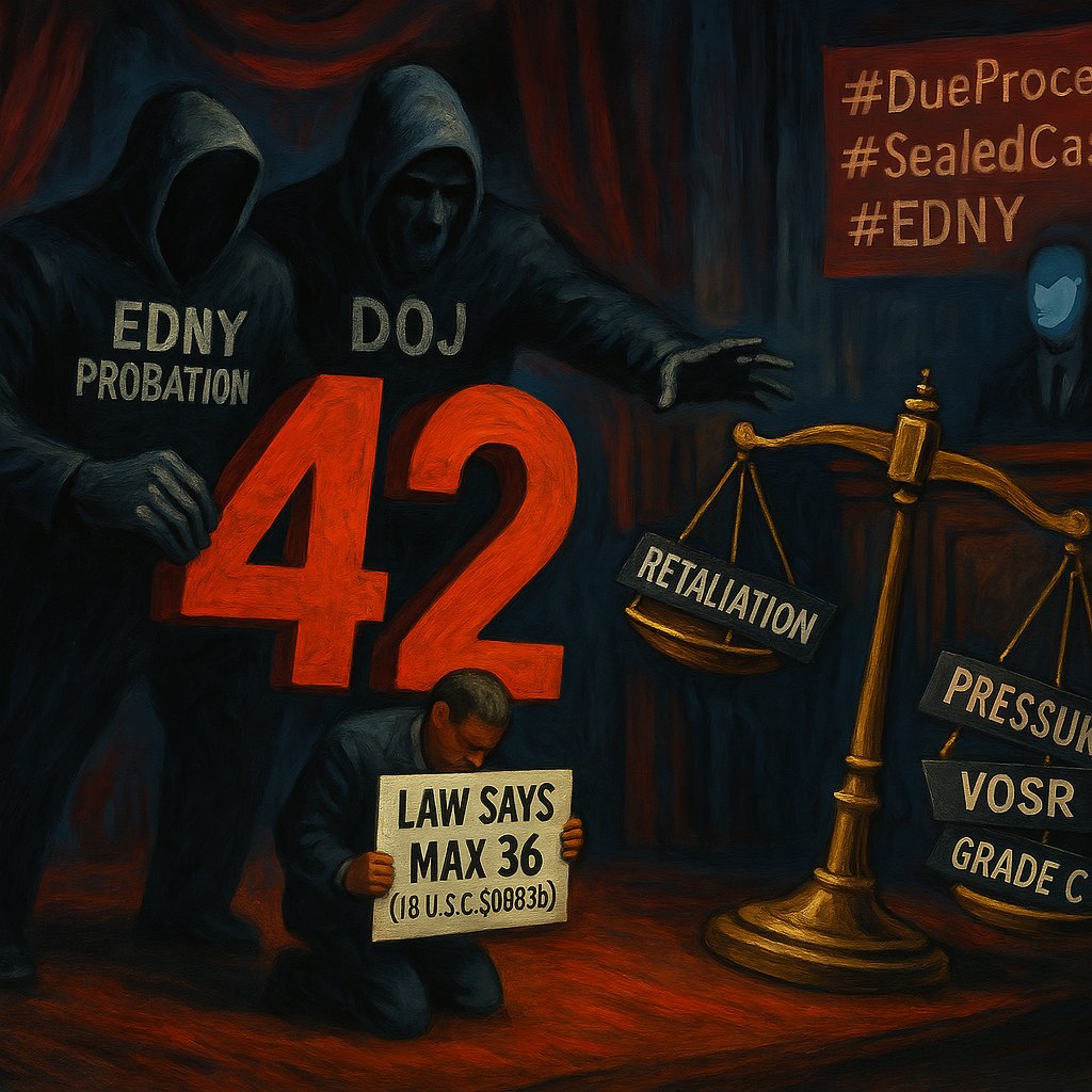 doedefenseEDNY's tweet photo. EDNY Probation & DOJ are pushing for 42 months of punishment —
in a case where the law allows max 36 (18 U.S.C. §3583(h)).
That’s +6 months of unlawful pressure — on a cooperating witness.

The violation is Grade C. The law is clear.

Why is @EDNYnews ignoring it?

#DueProcess #Retaliation #DOJaccountability #SealedCase #VOSR #EDNY
