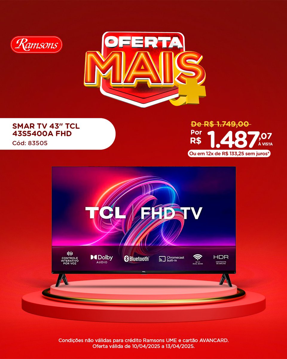 LojasRamsons's tweet image. Se o assunto é entretenimento, chega
mais que na Ramsons tem sempre uma Smart TV do
tamanho da sua diversão. 📺🎬🎮

Aproveite essa #OfertaMais e transforme sua sala de
estar em 12x sem juros* no seu cartão de crédito. 💳

#Ramsons #smartTv