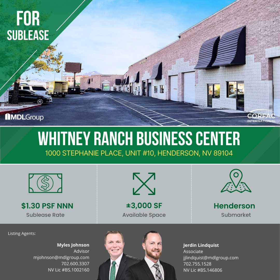 mdlgroup's tweet photo. Sublease Opportunity: A ±3,000 SF of industrial space featuring a small office, private restroom, and warehouse with a grade-level overhead door. Located in the heart of Henderson, Nevada, at the northwest corner of Stephanie Place and Patrick Lane.
#MDLGroup #CORFAC #Sublease https://t.co/49MGKPrL7T