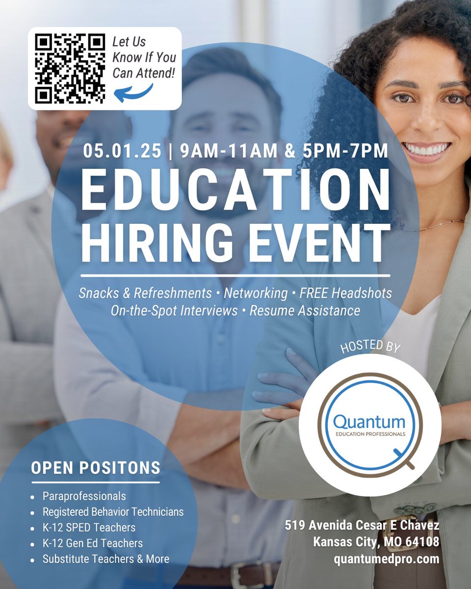 QuantumEdu_Q360's tweet photo. Looking for your next career opportunity? Attend our #Education Hiring Event on May 1st!

Choose from two convenient sessions featuring on-the-spot interviews, FREE professional headshots, &amp; more.

Register now at https://t.co/1DYlgTyykp!

#KansasCity #Hiring #KansasCityMO #KCMO https://t.co/IpQBSQRj23
