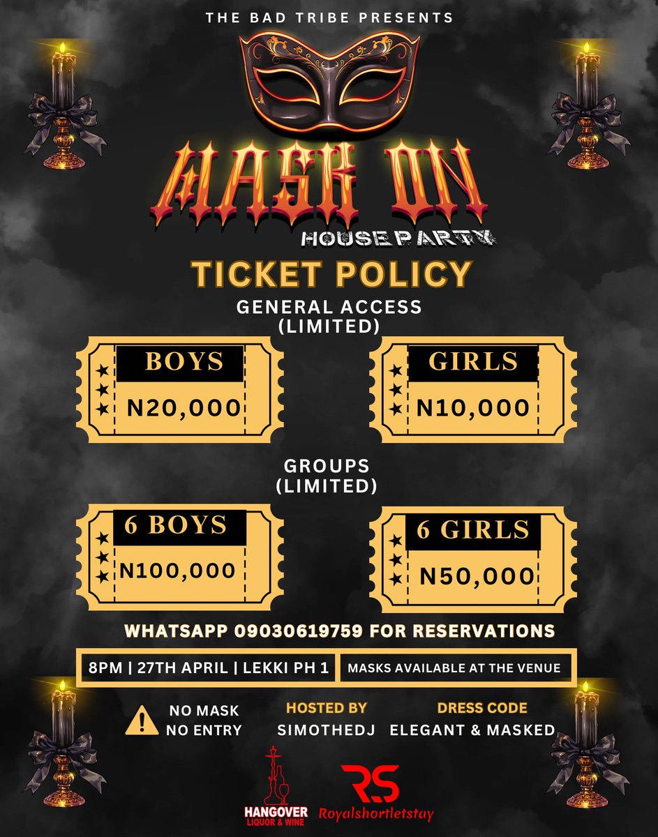 tbtcommunity_'s tweet photo. Get ready for THE MASK ON HOUSE PARTY! Limited slots available! April 27th, Lekki Phase 1. Masks provided. Rooms available for all-night vibes. WhatsApp 09030619759 to reserve your spot! No mask, no entry! #TheBadTribe #MaskOnHouseParty https://t.co/heLsZFV0aw