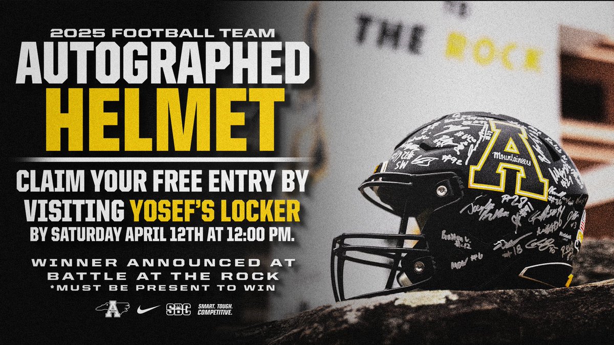 App State Licensing (@shopappstate) on Twitter photo Stop by <a href="/YosefsLocker/">Yosef's Locker</a> this week ahead of Saturday's Battle at the Rock to enter our helmet giveaway!
This helmet has been signed by all members of the 2025 App State Football team and can only be won by entering in store as well as attending the spring game! Stop by <a href="/YosefsLocker/">Yosef's Locker</a> this week ahead of Saturday's Battle at the Rock to enter our helmet giveaway!
This helmet has been signed by all members of the 2025 App State Football team and can only be won by entering in store as well as attending the spring game!