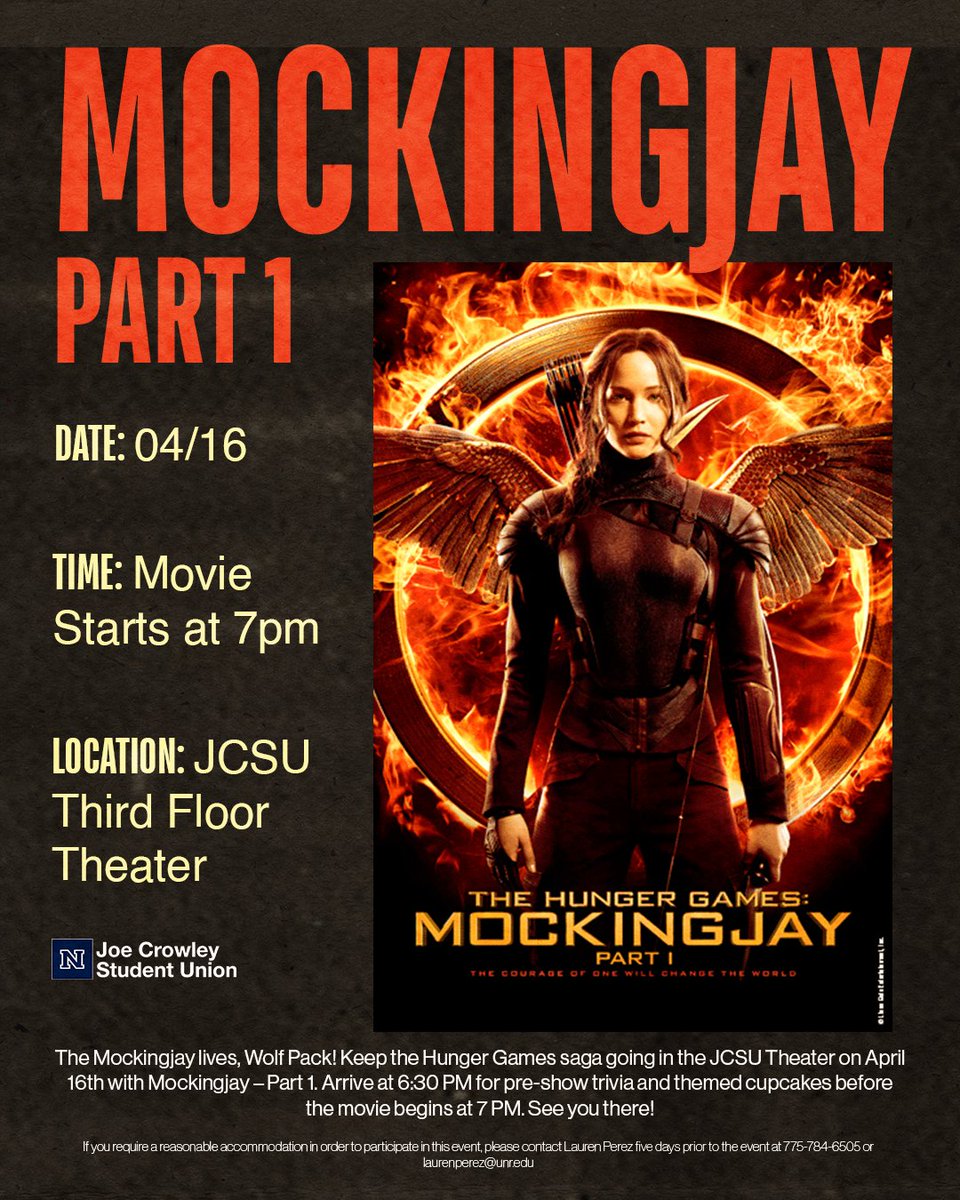 The Mockingjay lives, Wolf Pack! Keep the Hunger Games saga going in the JCSU Theater on April 16th with Mockingjay – Part 1. Arrive at 6:30 PM for pre-show trivia and themed cupcakes before the movie begins at 7 PM. See you there!