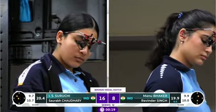 AntikBasu80384's tweet photo. The duo of Saurabh Chaudhary and Suruchi Phogat beats their compatriot Manu Bhaker and Ravinder Singh in BMM by 16-8.First World cup medal for Saurabh since 2022.Great to see the smile back on his face .Second medal for Suruchi in her first senior outing . https://t.co/1zGQQi607t
