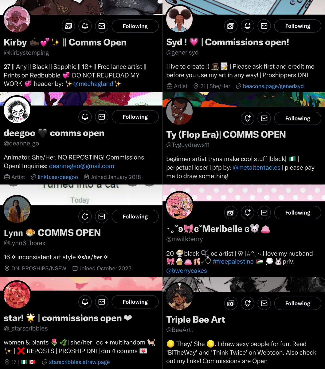 takamakimanon's tweet photo. anyways good morning everyone here some of my favorite black twitter artists who also have their commissions open for all of my black yumes!

and even if you aren’t black and/or don’t have the money to commission go support them anyway everyone 🫶🏽 https://t.co/tXsaQVh6ZB