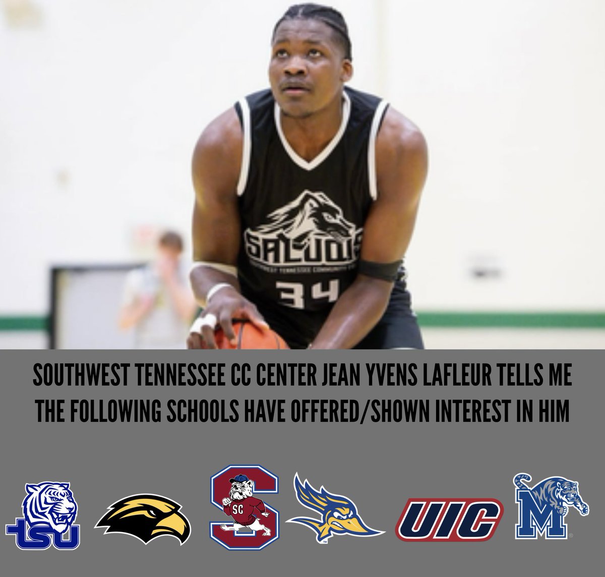 Southwest Tennessee CC C Jean Yvens Lafleur tells me the following school have offered/shown interest in him. 

Lafleur is one of the best JUCO players available and has 2 more years of eligibility remaining. Lafleur averaged 14.4 points, 9.0 rebounds and 0.4 assists this season.