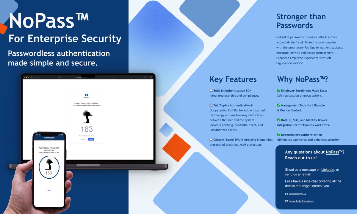 Identit13's tweet photo. Just a quick reminder about our solution for enterprises— and you can scroll down 👇 

NoPass — a passwordless authentication solution built for modern businesses.

Ready to go passwordless? Let’s talk.

More about us: https://t.co/TxVgQEisZN

#CyberSecurity #Passwordless #IAM https://t.co/X6fnEGryR6