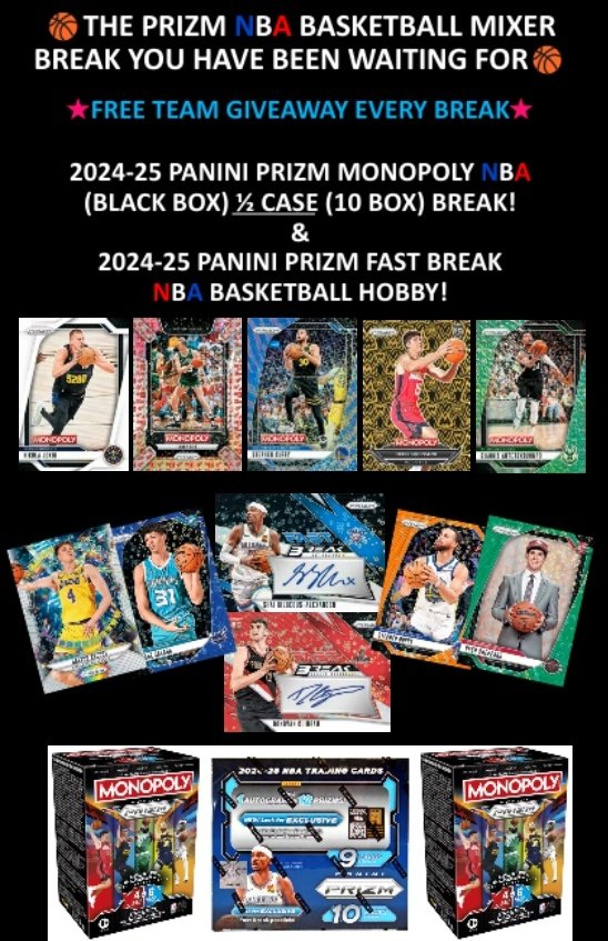 TresorSports's tweet photo. 2024-25 #NBA #Basketball Fast Break &amp; #Panini Prizm #Monopoly ½ #CaseBreak Mixer

#BasketballCards #GroupBreaks #SportsCards #TeamBreaks #thehobby #NBADraft #TradingCards #RipWax #whodoyoucollect #Auto #Breaks #sportscardsforsale

10PM EST/7PM PST
#whatnot
https://t.co/Mbfm6EcMeC https://t.co/D8Qq6MyBHh
