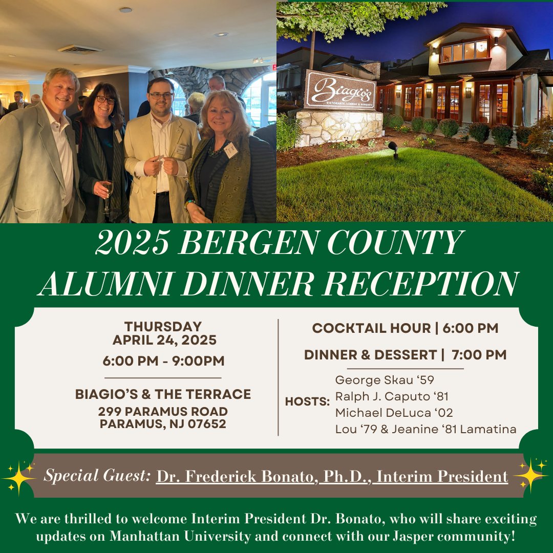 JasperAlum's tweet photo. 🎉Join fellow Manhattan alumni, family, and friends for an unforgettable evening in Bergen County, NJ🎉

🥂🍽️Enjoy a delicious dinner, signature cocktails, and lively conversation at 6:00 p.m. at Biagio’s &amp; The Terrace!

🔗https://t.co/cqsYxJNc9d https://t.co/E7MUBp0j4o