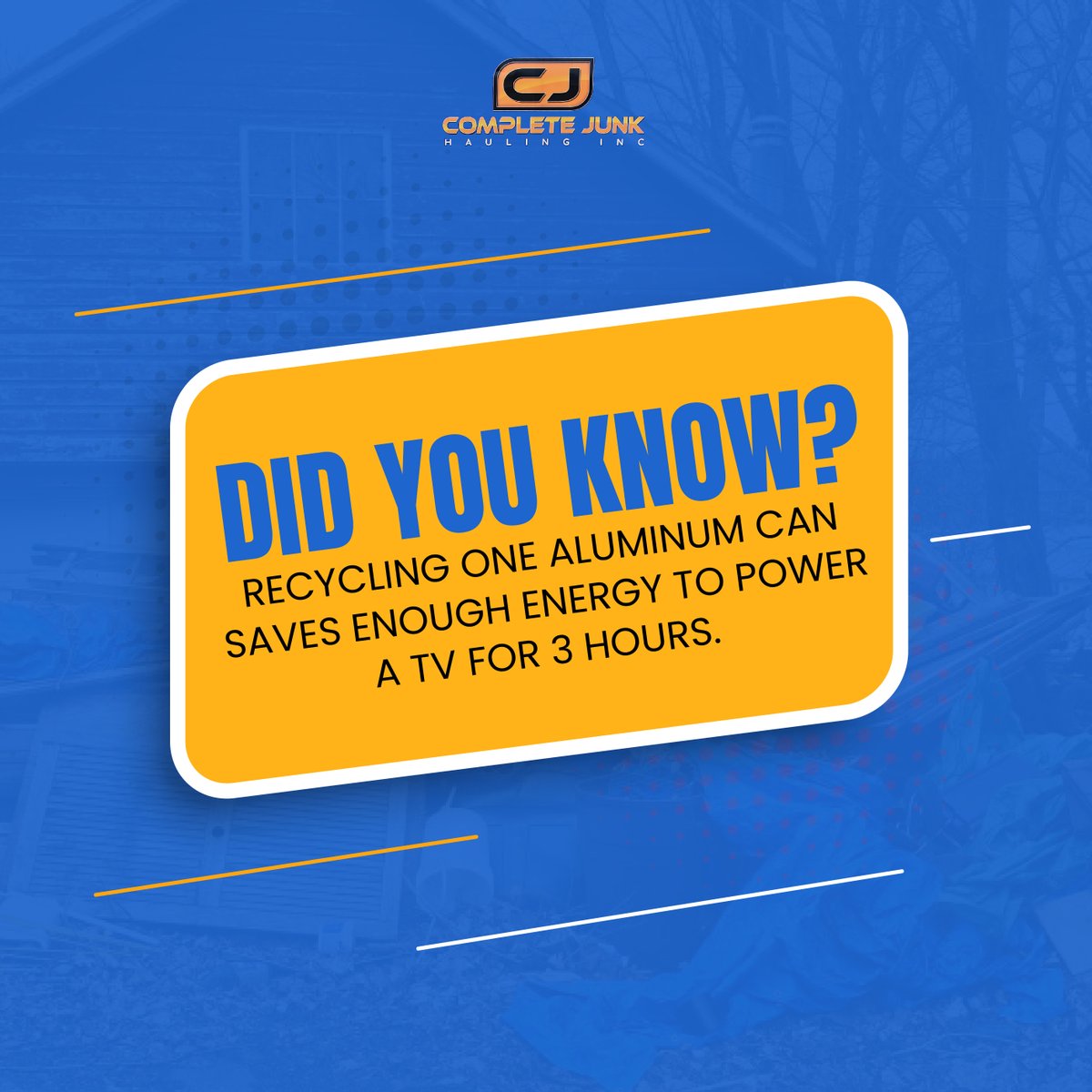 complete_junk's tweet photo. ♻️ SMALL ACTIONS, BIG IMPACT! ♻️

Did you know that recycling just ONE aluminum can saves enough energy to power a TV for 3 hours? 📺⚡ Imagine the impact when we recycle even more!

 #LongIslandJunkRemoval #SuffolkCountyHauling #NassauCountyJunkRemoval #JunkHaulingLI https://t.co/BHumFzgtMU